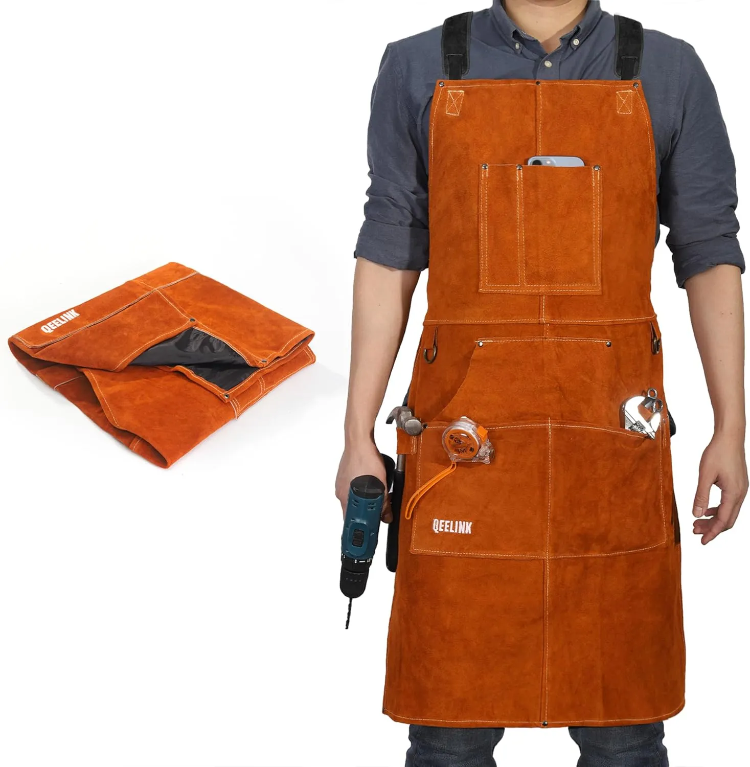 QeeLink Leather Welding Work Apron with 6 Tool Pockets, Heat & Flame Resistant Apron, 24" x 36", Adjustable M to XXXL
