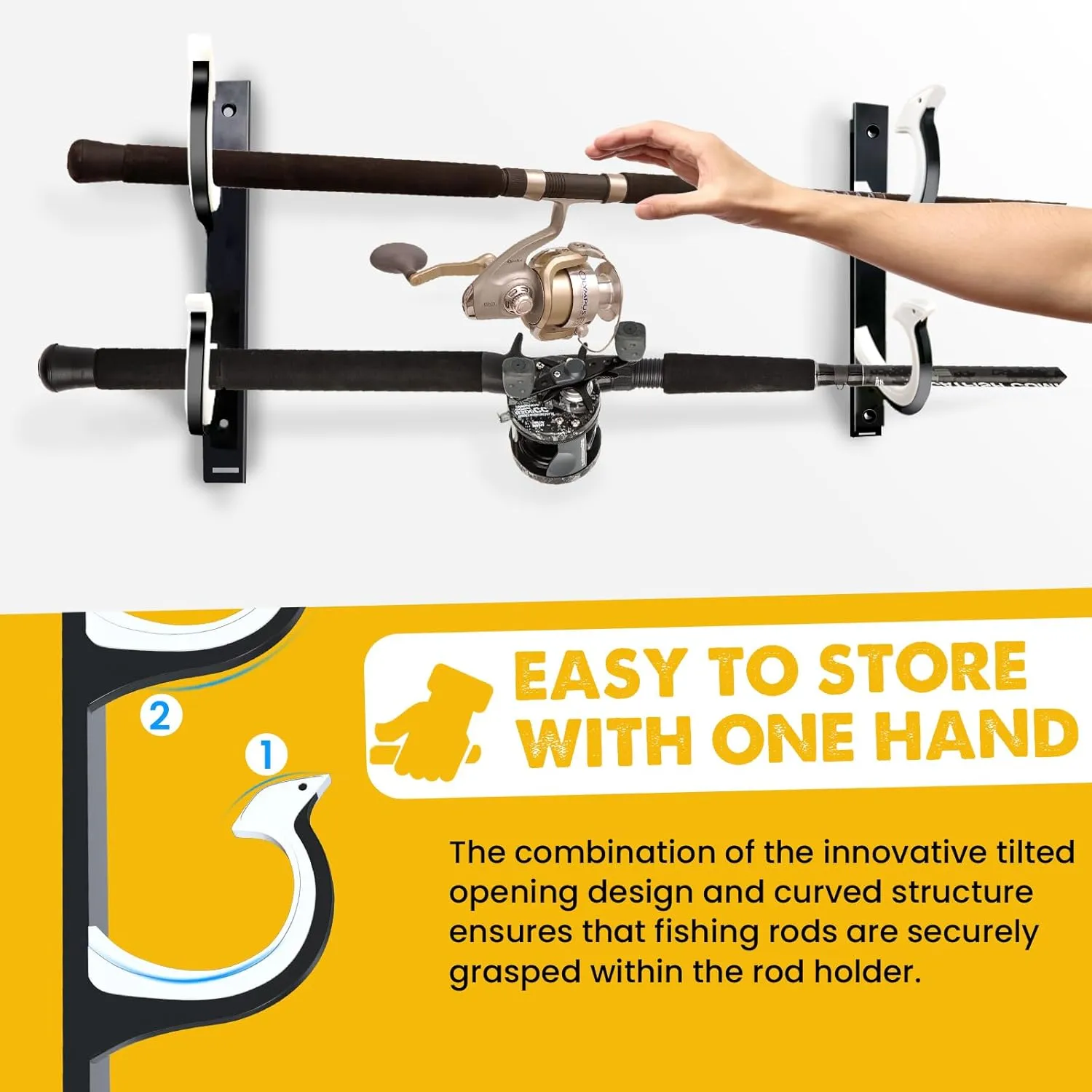QudraKast Horizontal Fishing Rod Holder for Garage Wall Ceiling Mount - Fishing Pole Holders Fishing Rod Rack Holds Up to 8 Rods or Combos, Ideal Fishing Gift (4Pack)
