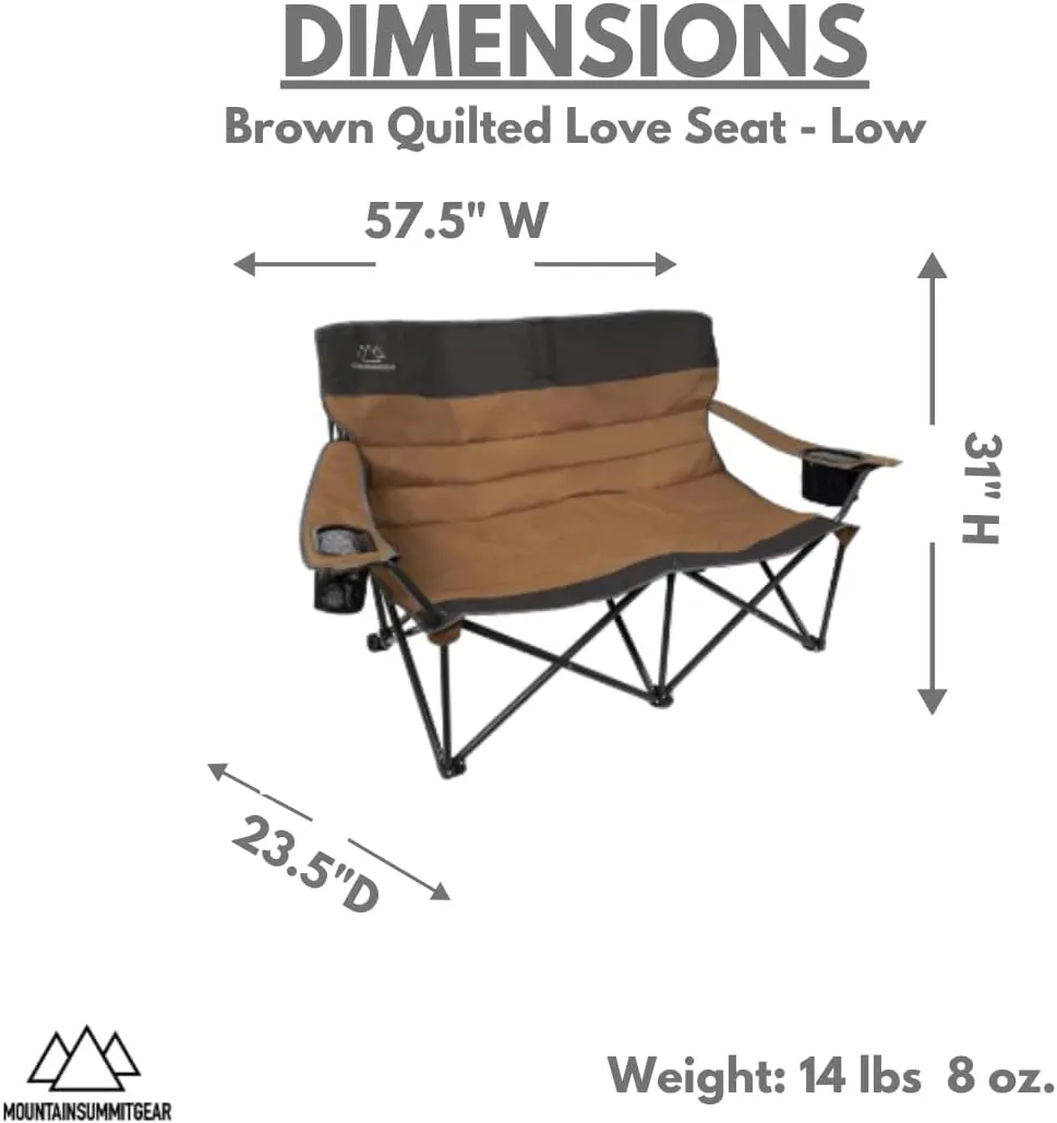 Quilted Low Loveseat Camping Chair for 2 with Padded Seat and Back for Camping/Hiking/Backpacking Made by Caddis Sports (Low Loveseat (Brown))