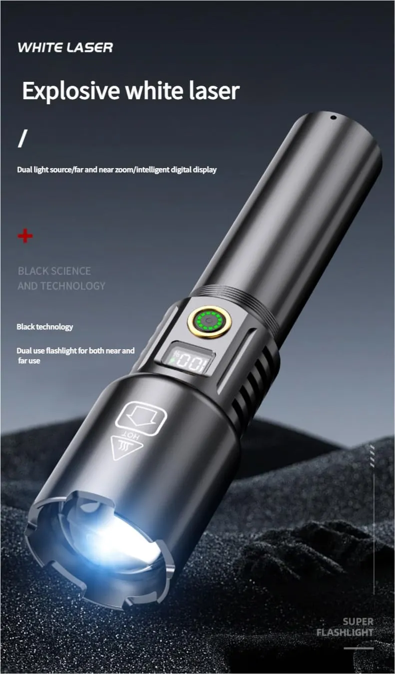 Rechargeable Compact LED Device – Dual Beam Modes | Battery Level Display | USB-C Port | Adjustable Focus | Long-Distance Visibility Tool (D)