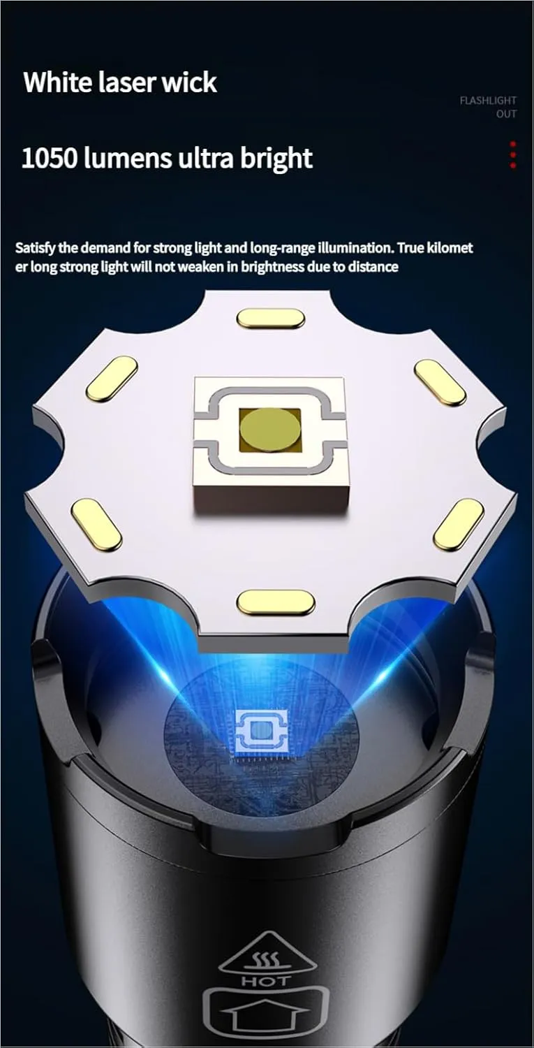 Rechargeable Compact LED Device – Dual Beam Modes | Battery Level Display | USB-C Port | Adjustable Focus | Long-Distance Visibility Tool (D)