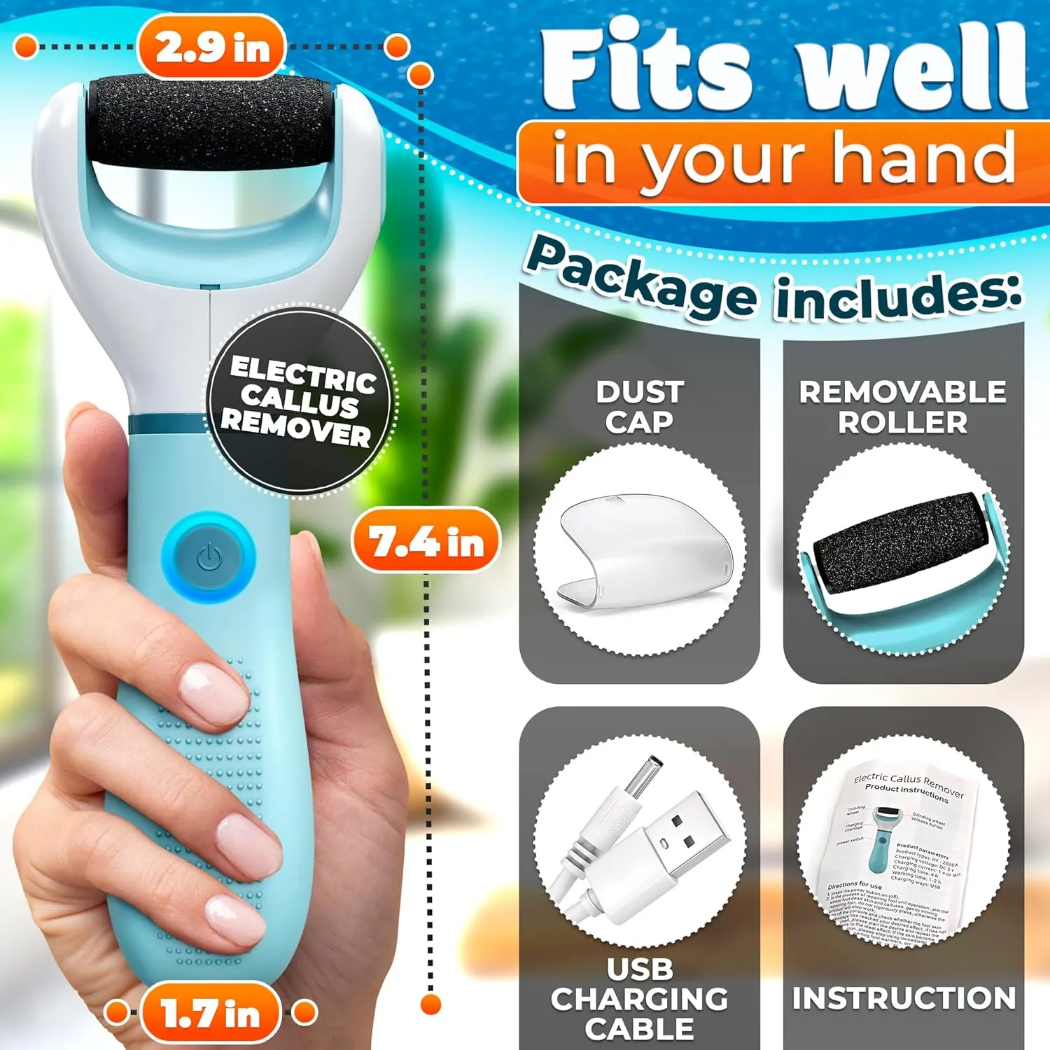 Rechargeable Electric Foot Callus Remover Tool – High-Speed 2800 RPM Electric Foot Sander Callus Remover with Replaceable Roller – Compact & Easy Maintenance, Up to 2-Hour Runtime for Smooth Feet