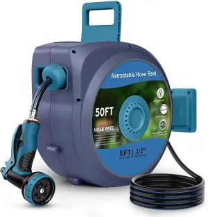 Retractable Garden Hose Reel, Wall-Mounted Hose Reel 1/2 in x 50 ft, Slow Retraction System, Any Length Lock, 180°Swivel Water Hose Reel with 10 Function Nozzle