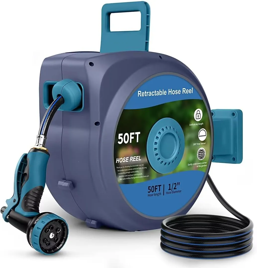 Retractable Garden Hose Reel, Wall-Mounted Hose Reel 1/2 in x 50 ft, Slow Retraction System, Any Length Lock, 180°Swivel Water Hose Reel with 10 Function Nozzle
