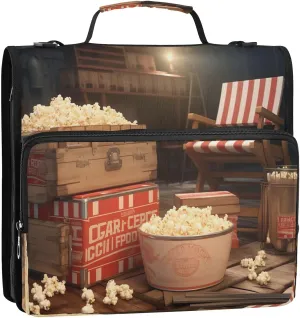 Retro Screening Room Popcorn 3 Ring Zipper Binder 1.5 Inch D-Ring Binder with Zip Pocket Shoulder Strap 500 Sheets Capacity Expanding File Folder Binders Bag for School Office