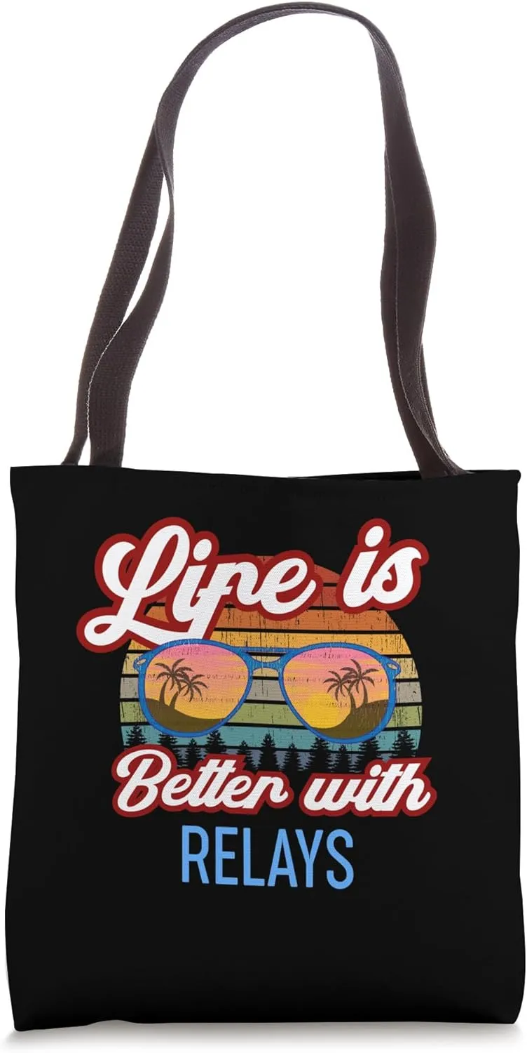 Retro Sunset Slogan / Life is Better With Relays! Tote Bag