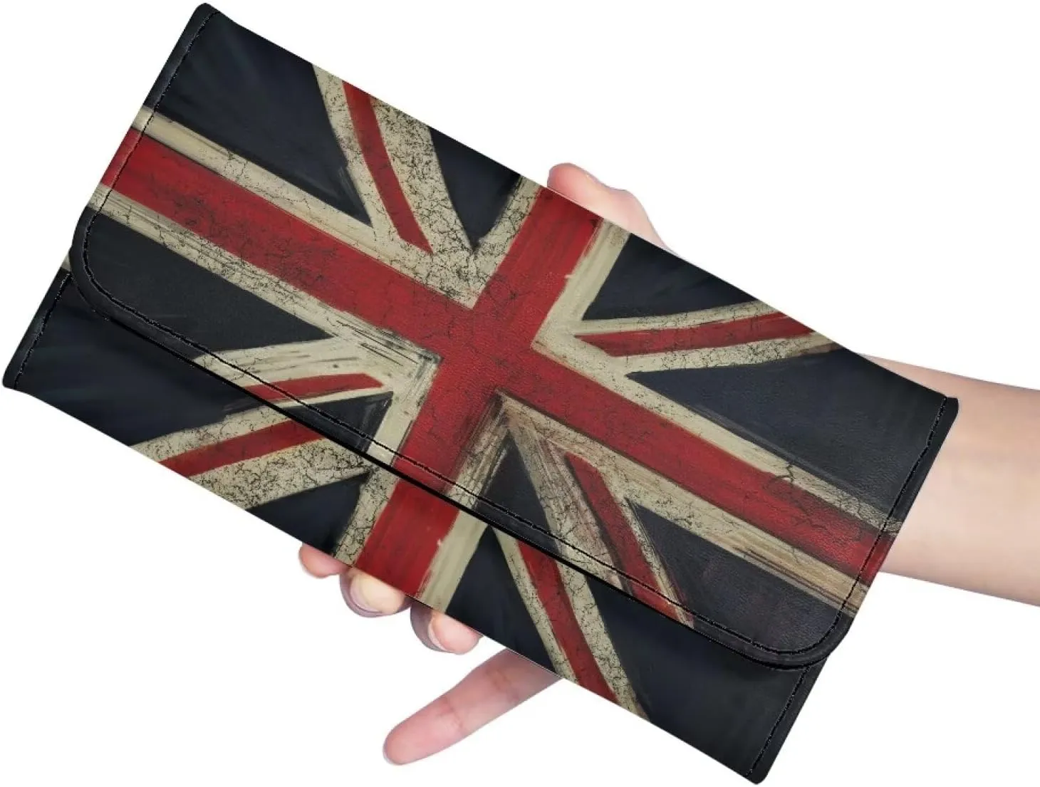 Retro Union Jack Flag Wallet for Women Snap Closure Long Trifold Handbag, Vintage British UK Flag PU Leather Clutch Wallets with Card holders