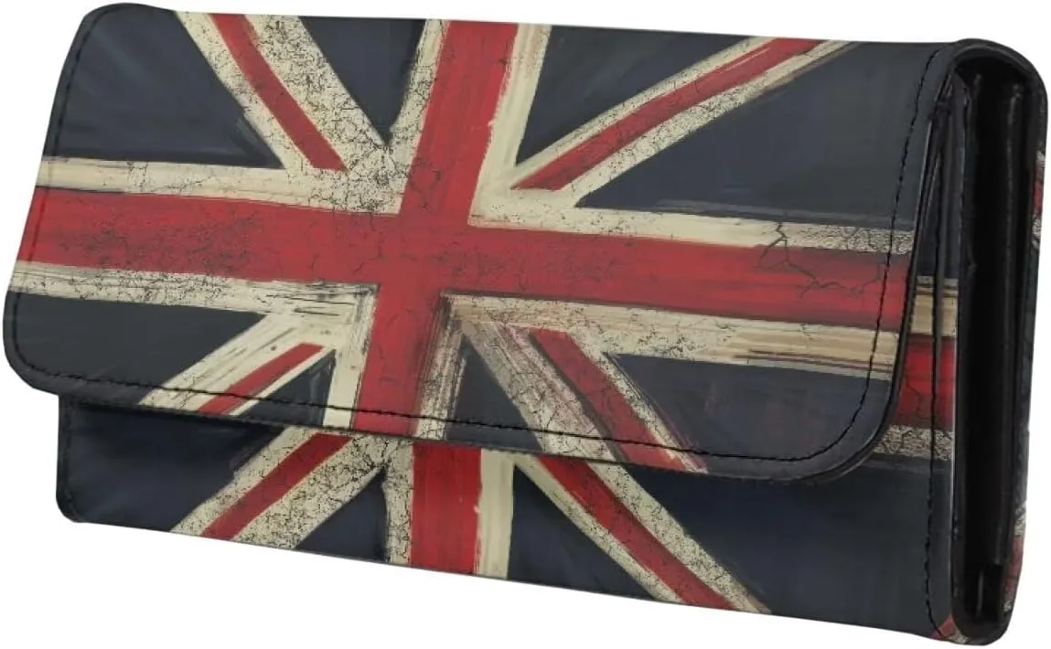 Retro Union Jack Flag Wallet for Women Snap Closure Long Trifold Handbag, Vintage British UK Flag PU Leather Clutch Wallets with Card holders