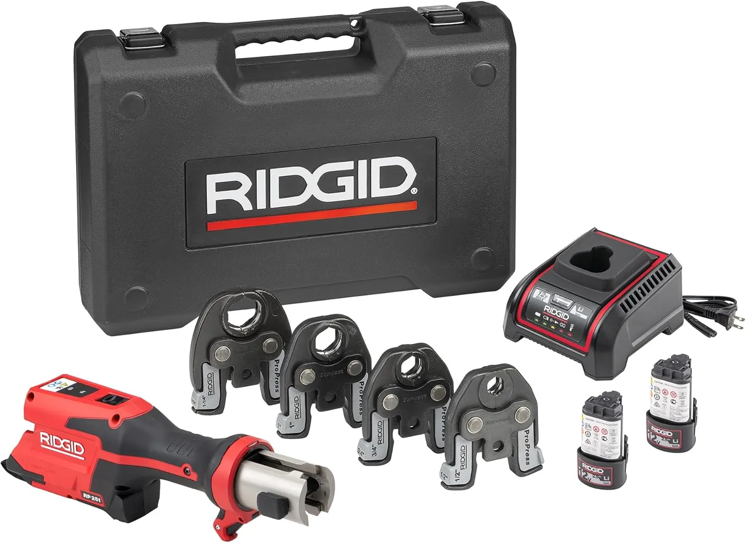 RIDGID 78148 RP 251 Compact Press Tool Battery Kit with ProPress Jaws (1/2" to 1-1/4"), In-Line Pressing Tool for Copper, Stainless Steel, PEX, and Carbon Steel