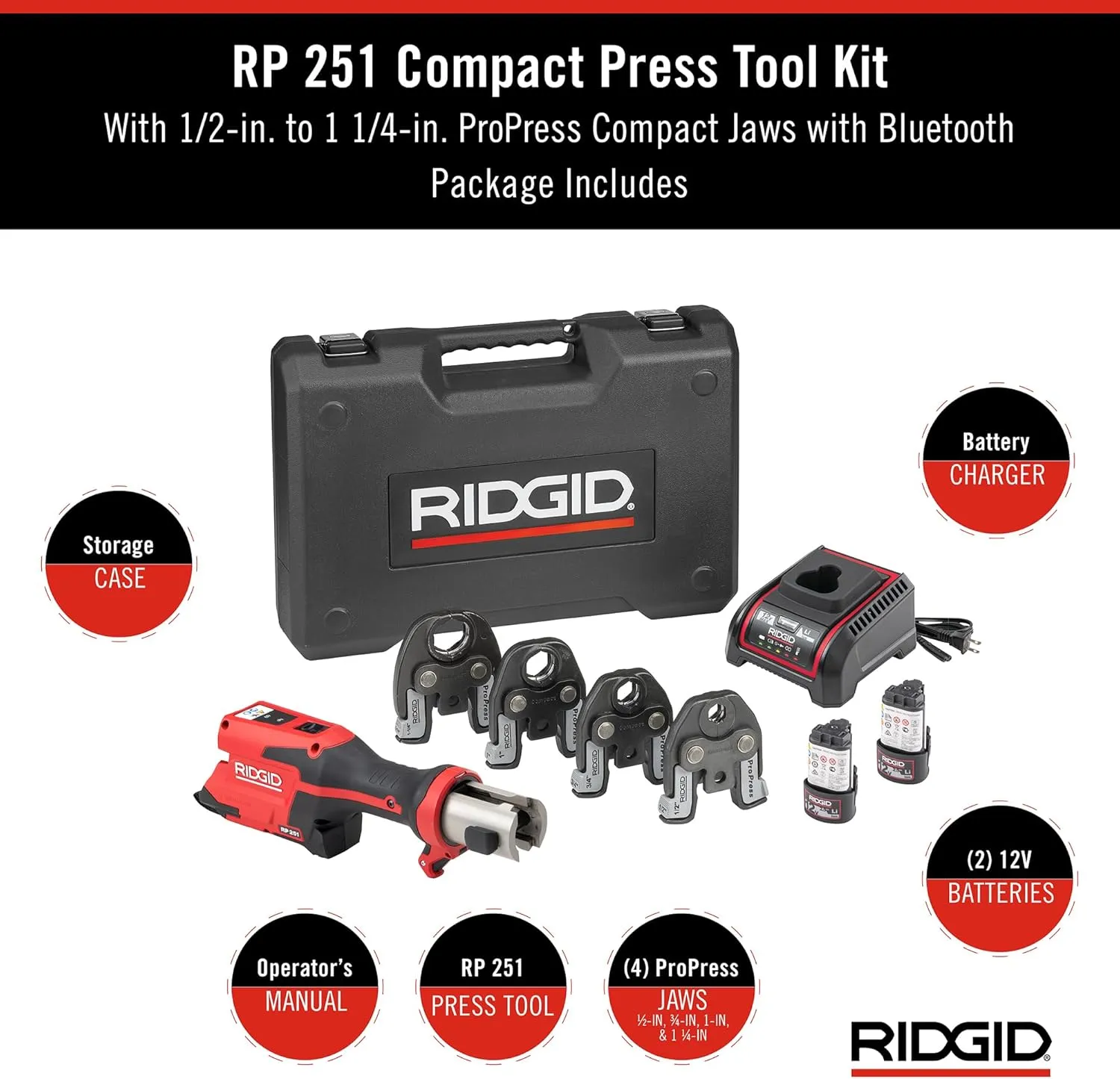 RIDGID 78148 RP 251 Compact Press Tool Battery Kit with ProPress Jaws (1/2" to 1-1/4"), In-Line Pressing Tool for Copper, Stainless Steel, PEX, and Carbon Steel