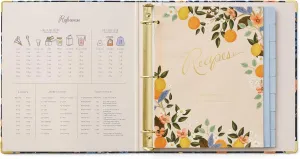 RIFLE PAPER CO. Citrus Grove Recipe Binder - 16 Tabbed Dividers, 10 Clear Recipe Card Sleeves, 1" Three-Ring Style, 11.5"L x 9.75"W, Double-Sided Pocket Folder and Adhesive Labels, Reinforced Corners