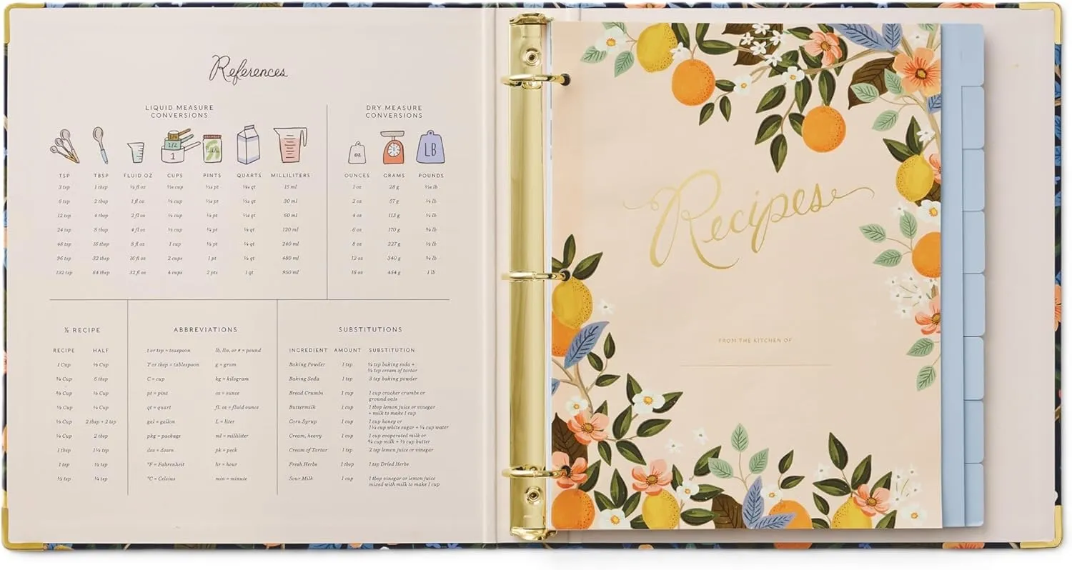 RIFLE PAPER CO. Citrus Grove Recipe Binder - 16 Tabbed Dividers, 10 Clear Recipe Card Sleeves, 1" Three-Ring Style, 11.5"L x 9.75"W, Double-Sided Pocket Folder and Adhesive Labels, Reinforced Corners