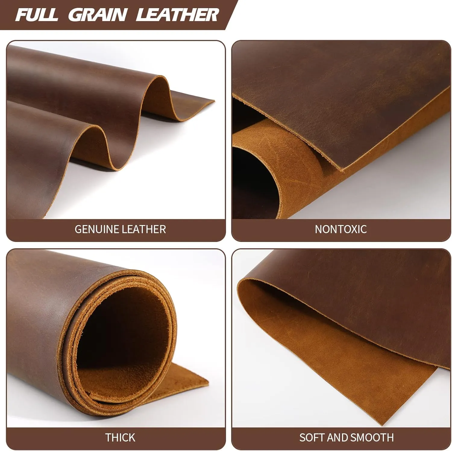 RingSun 12''X24'' Genuine Leather Sheets for Crafts Full Grain Leather Tooling Leather (2mm) Thick Cowhide Leather Pieces Square, Dark Brown