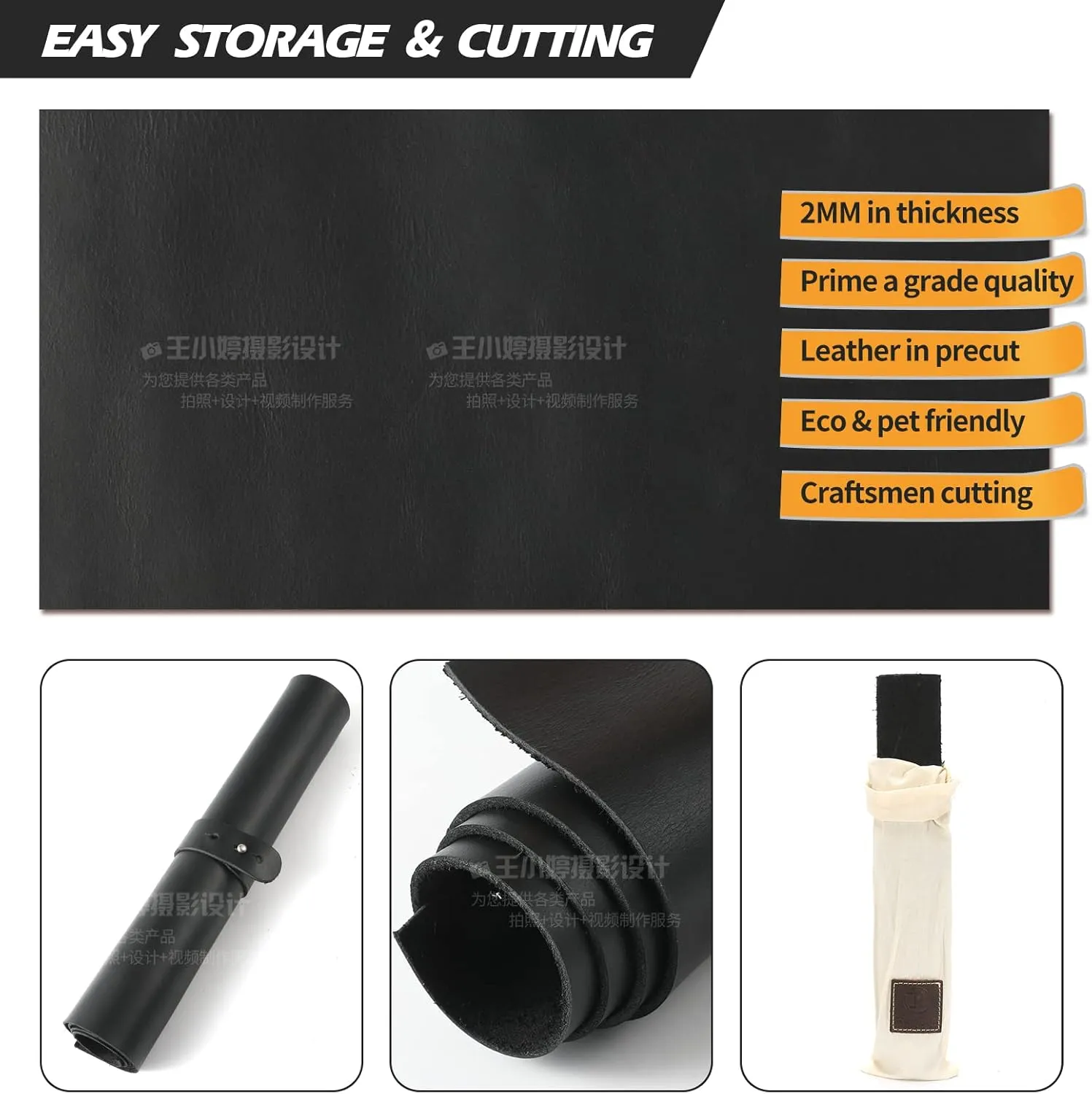 RingSun 24''X24'' Black Leather Sheets for Crafts (2mm), Full Grain Leather Tooling Leather