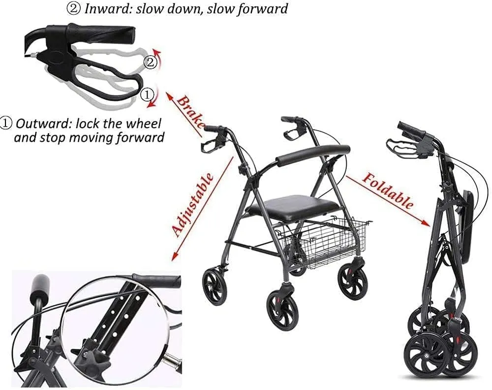 Rollator Walker, 4 Wheel Medical Rolling Walker Elderly Ultra Lightweight Folding rollator Wheeled Walker Walking Frame with Brakes seat and Bag