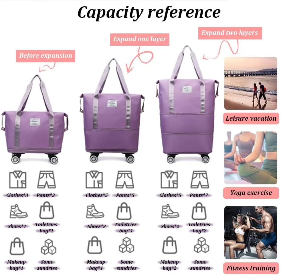Rolling Duffle Bag with Detachable Wheels, 28L-58L Large Expandable Foldable Carry On Luggage Bag, Weekender Bag for Travel Airplane, Black
