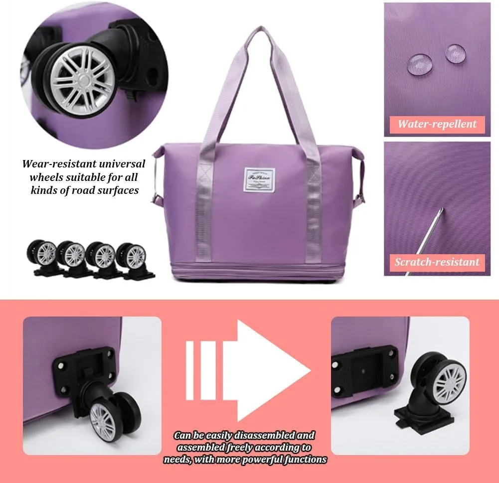 Rolling Duffle Bag with Detachable Wheels, 28L-58L Large Expandable Foldable Carry On Luggage Bag, Weekender Bag for Travel Airplane, Black