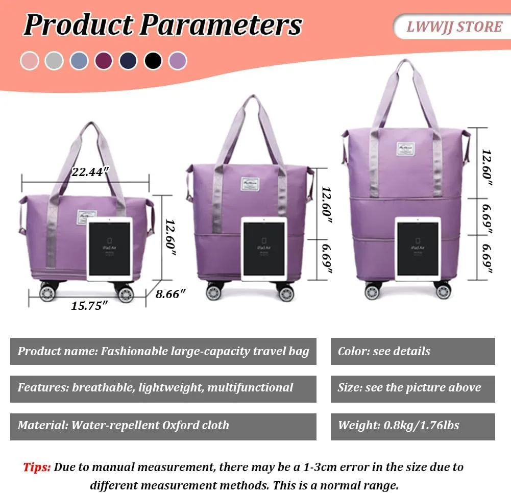 Rolling Duffle Bag with Detachable Wheels, 28L-58L Large Expandable Foldable Carry On Luggage Bag, Weekender Bag for Travel Airplane, Black