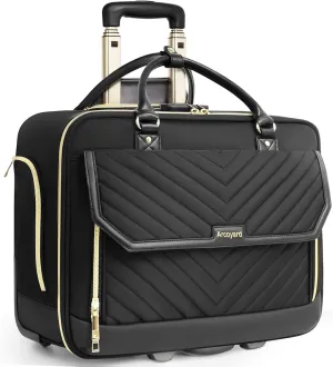 Rolling Laptop Bag for Women, 17.3 Inch Briefcase with Wheels, Anti Theft Computer Bags with Leather Handle, Roller Work Tote Bag for Teacher, Airline Approved, Large, Black