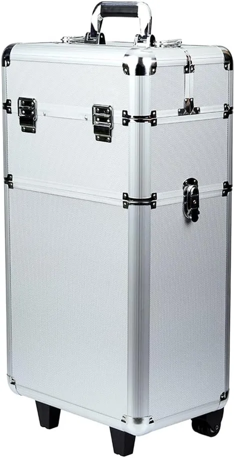 Rolling Makeup Case 3 in 1 Aluminum Professional Trolley Train Case Organizer Cosmetic Box Wheeled Artist Travel(Silver)