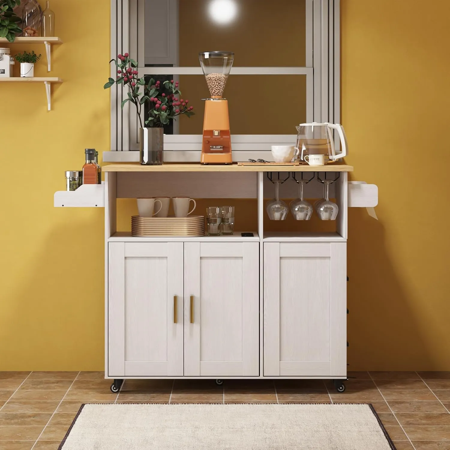Rolling Mobile Kitchen Island Cart Bar, Island Table Storage with 5 Wheels, Rolling Kitchen Cabinet with Power Socket (White, Without Countertop)