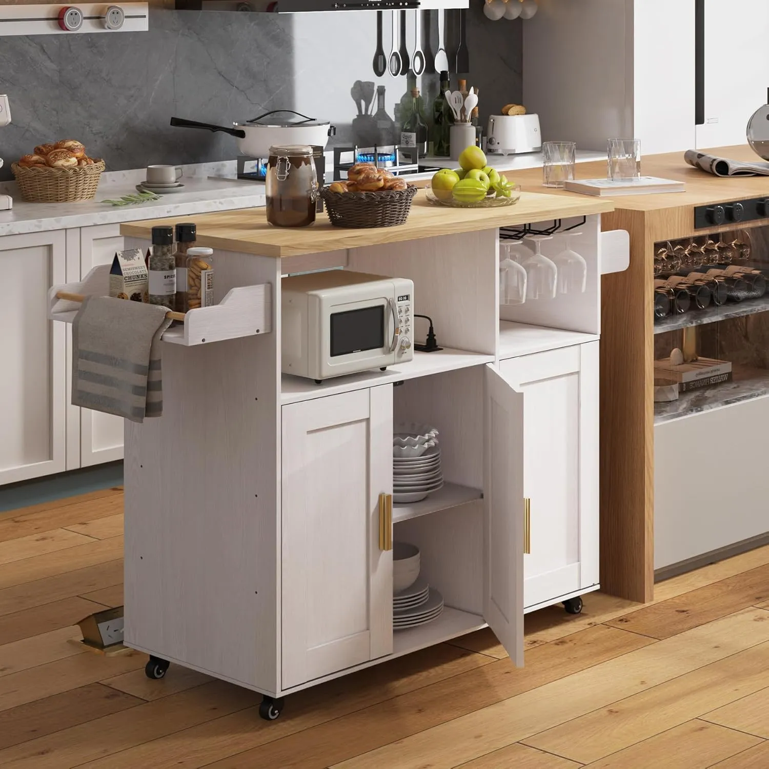 Rolling Mobile Kitchen Island Cart Bar, Island Table Storage with 5 Wheels, Rolling Kitchen Cabinet with Power Socket (White, Without Countertop)