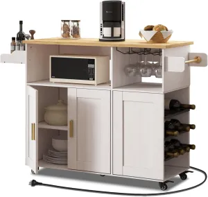 Rolling Mobile Kitchen Island Cart Bar, Island Table Storage with 5 Wheels, Rolling Kitchen Cabinet with Power Socket (White, Without Countertop)
