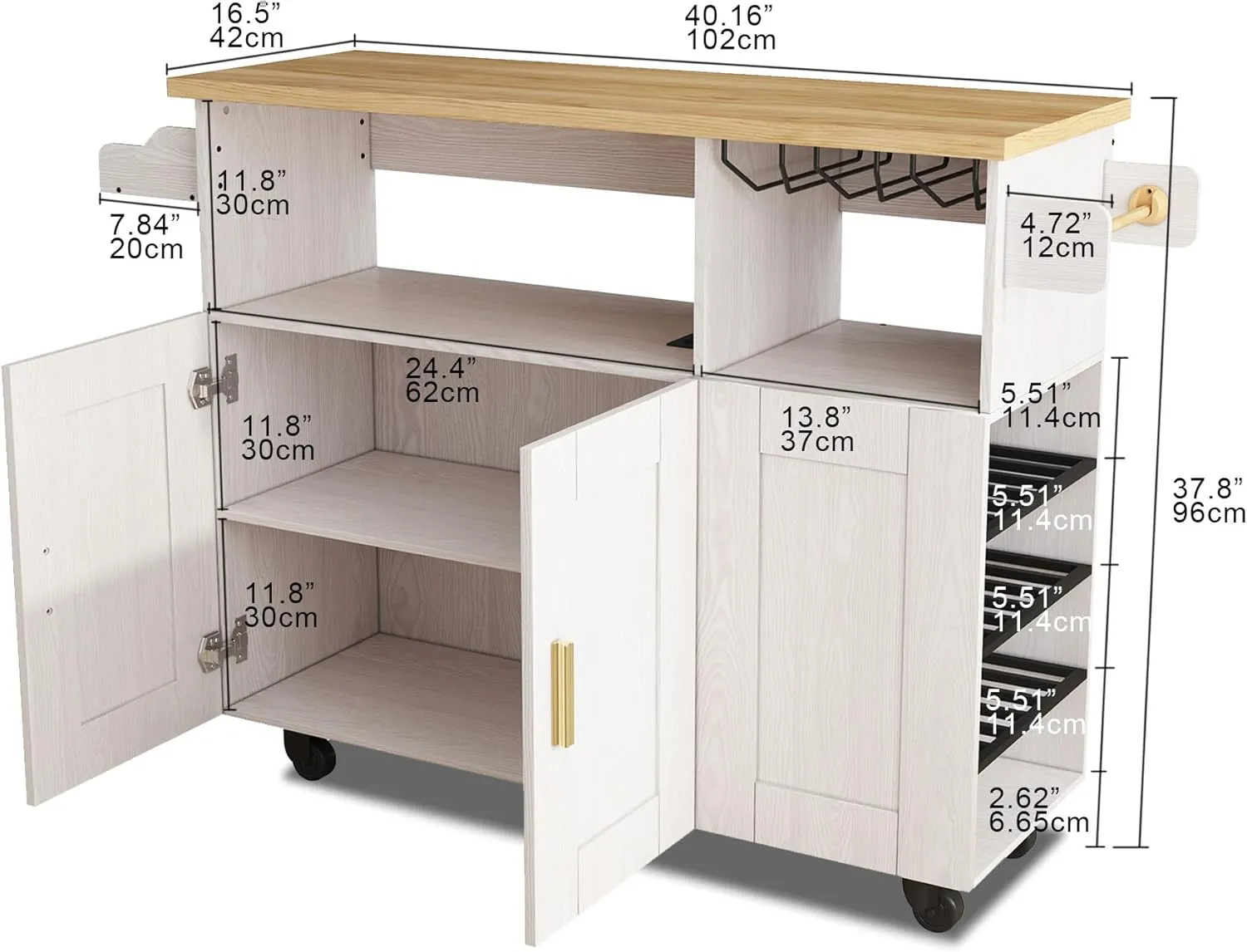 Rolling Mobile Kitchen Island Cart Bar, Island Table Storage with 5 Wheels, Rolling Kitchen Cabinet with Power Socket (White, Without Countertop)