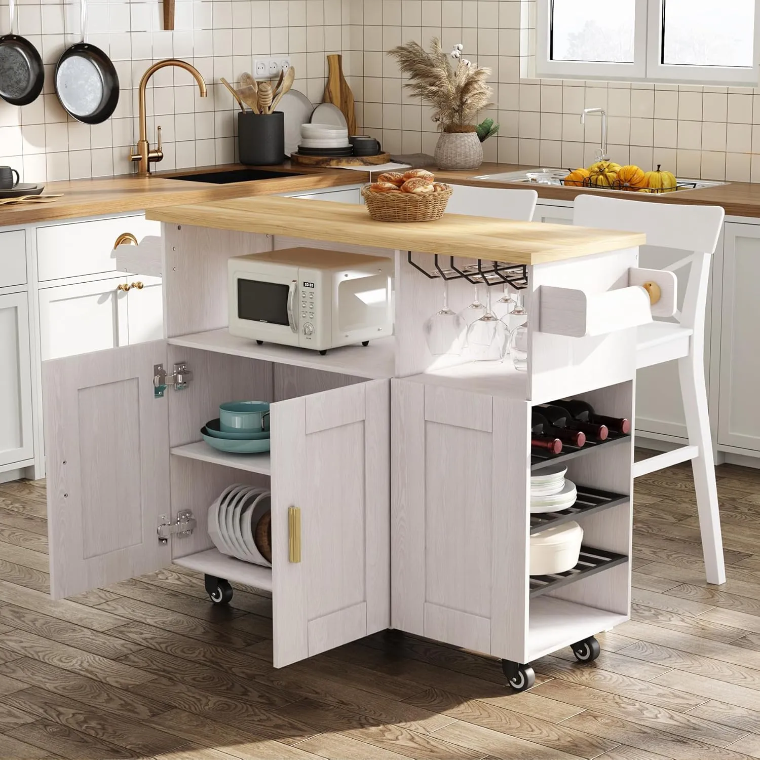 Rolling Mobile Kitchen Island Cart Bar, Island Table Storage with 5 Wheels, Rolling Kitchen Cabinet with Power Socket (White, Without Countertop)