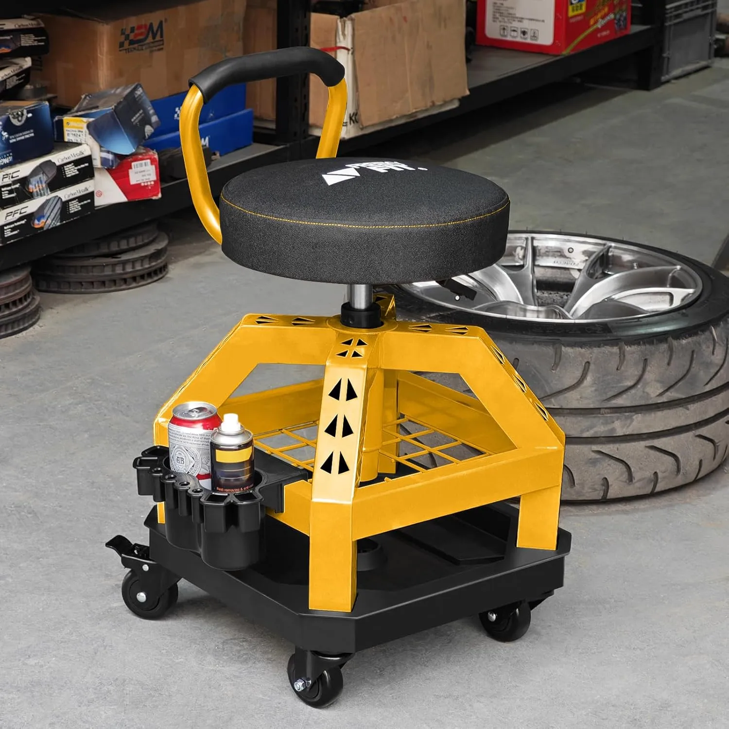 Rolling Shop Stool with Wheels, Heavy Duty Garage Work Mechanic Stool with Backrest, Adjustable Height 360°Swivel Rolling Chair with Tool Tray Storage, 330 LBS Capacity, Yellow