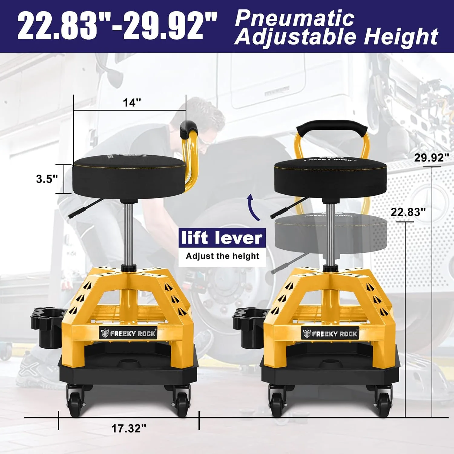 Rolling Shop Stool with Wheels, Heavy Duty Garage Work Mechanic Stool with Backrest, Adjustable Height 360°Swivel Rolling Chair with Tool Tray Storage, 330 LBS Capacity, Yellow