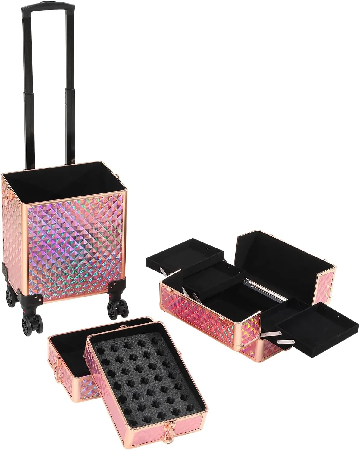Rolling Train Case 4-in-1 Portable Makeup Train Case Professional Cosmetic Organizer Makeup Traveling case Trolley Cart Trunk (colorful gold)