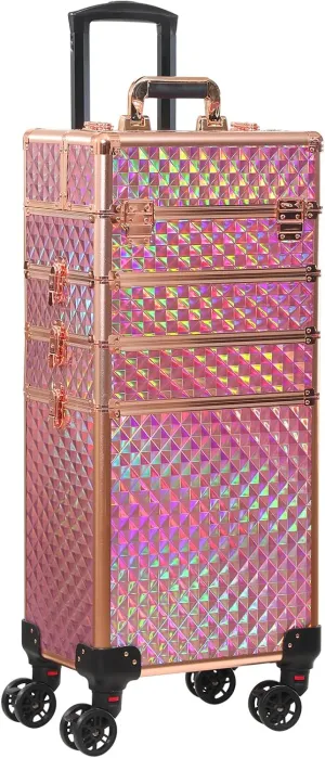 Rolling Train Case 4-in-1 Portable Makeup Train Case Professional Cosmetic Organizer Makeup Traveling case Trolley Cart Trunk (colorful gold)