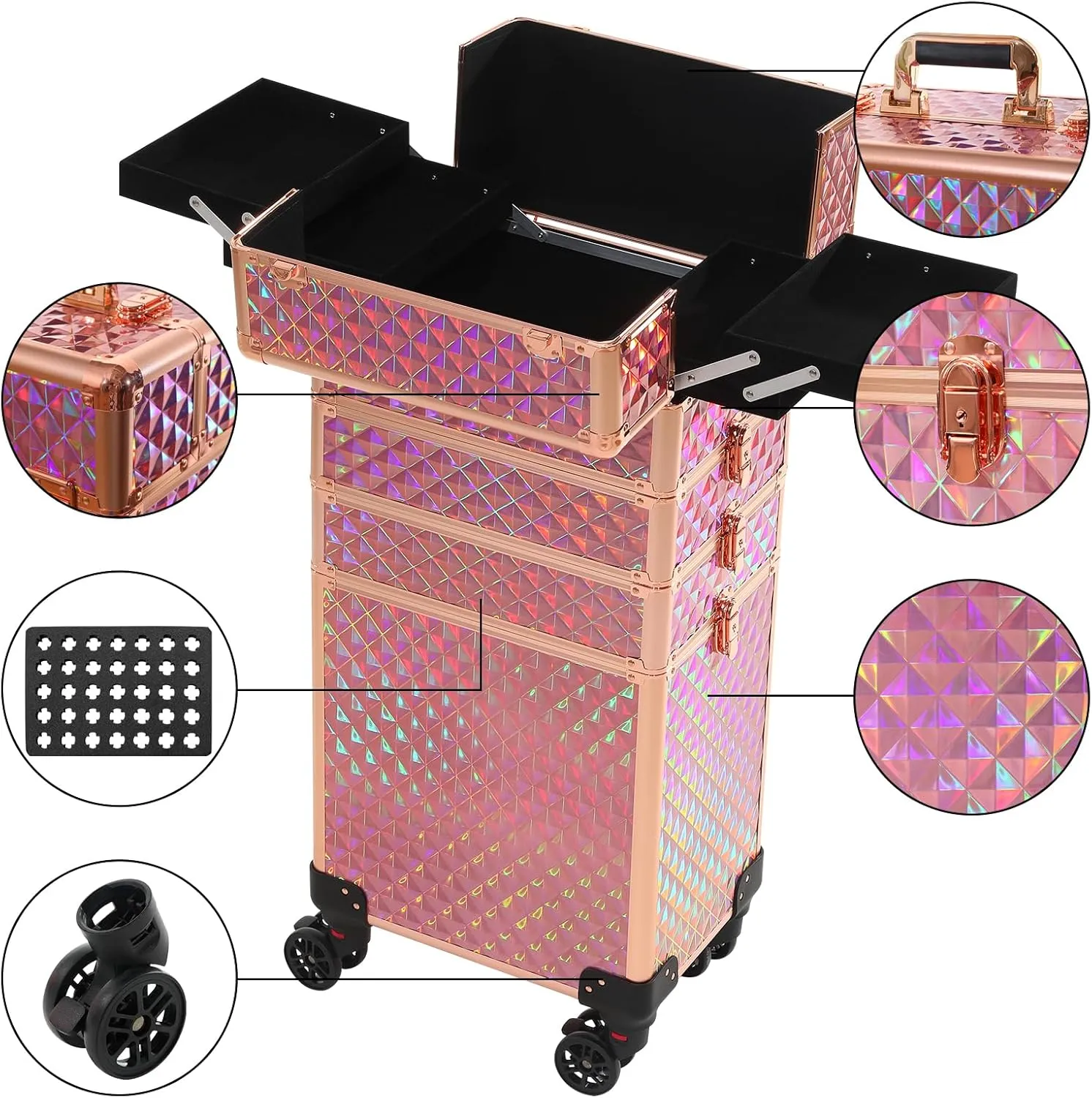 Rolling Train Case 4-in-1 Portable Makeup Train Case Professional Cosmetic Organizer Makeup Traveling case Trolley Cart Trunk (colorful gold)