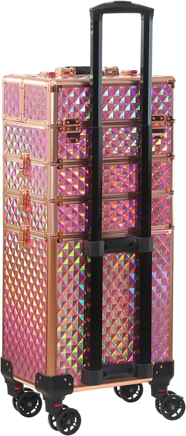Rolling Train Case 4-in-1 Portable Makeup Train Case Professional Cosmetic Organizer Makeup Traveling case Trolley Cart Trunk (colorful gold)