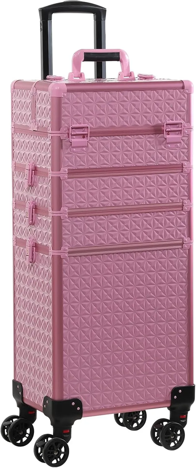 Rolling Train Case 4-in-1 Portable Makeup Train Case Professional Cosmetic Organizer Makeup Traveling case Trolley Cart Trunk (pink)