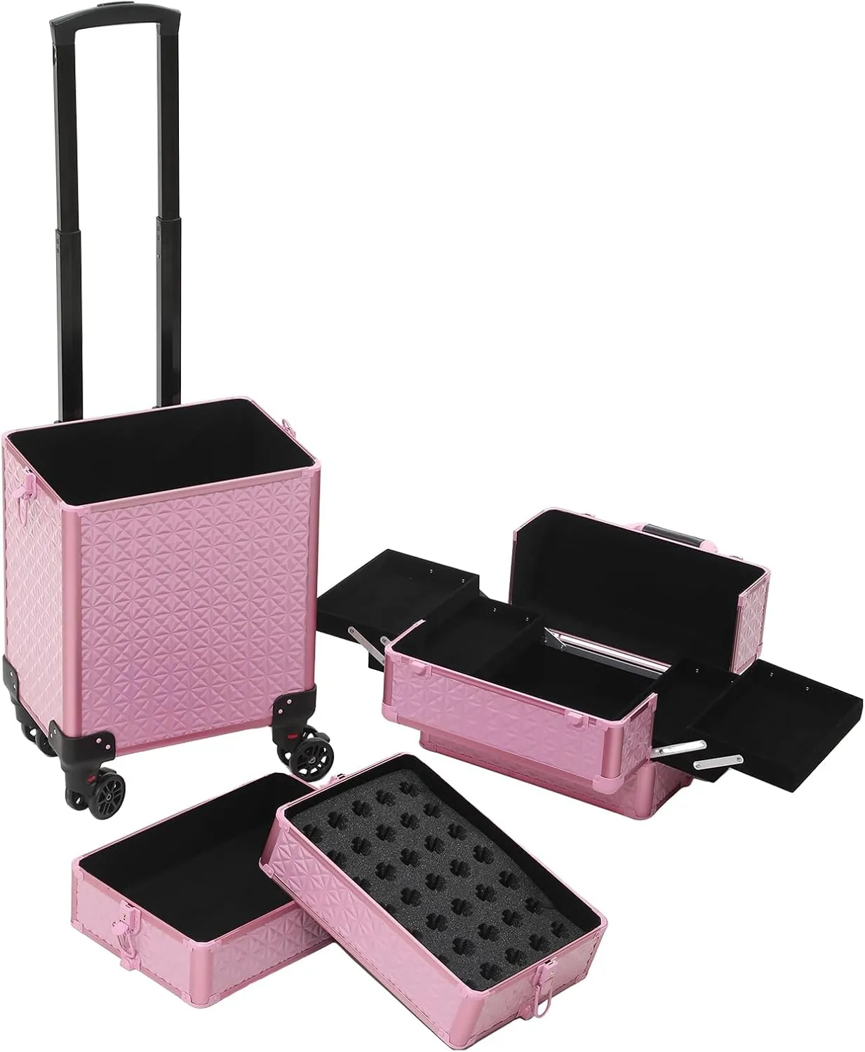 Rolling Train Case 4-in-1 Portable Makeup Train Case Professional Cosmetic Organizer Makeup Traveling case Trolley Cart Trunk (pink)