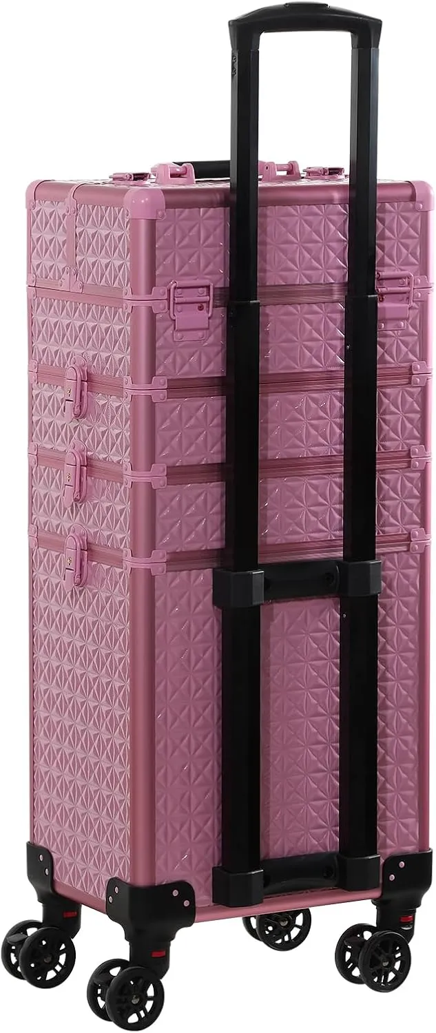 Rolling Train Case 4-in-1 Portable Makeup Train Case Professional Cosmetic Organizer Makeup Traveling case Trolley Cart Trunk (pink)