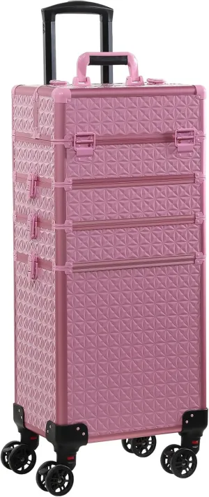 Rolling Train Case 4-in-1 Portable Makeup Train Case Professional Cosmetic Organizer Makeup Traveling case Trolley Cart Trunk (pink)