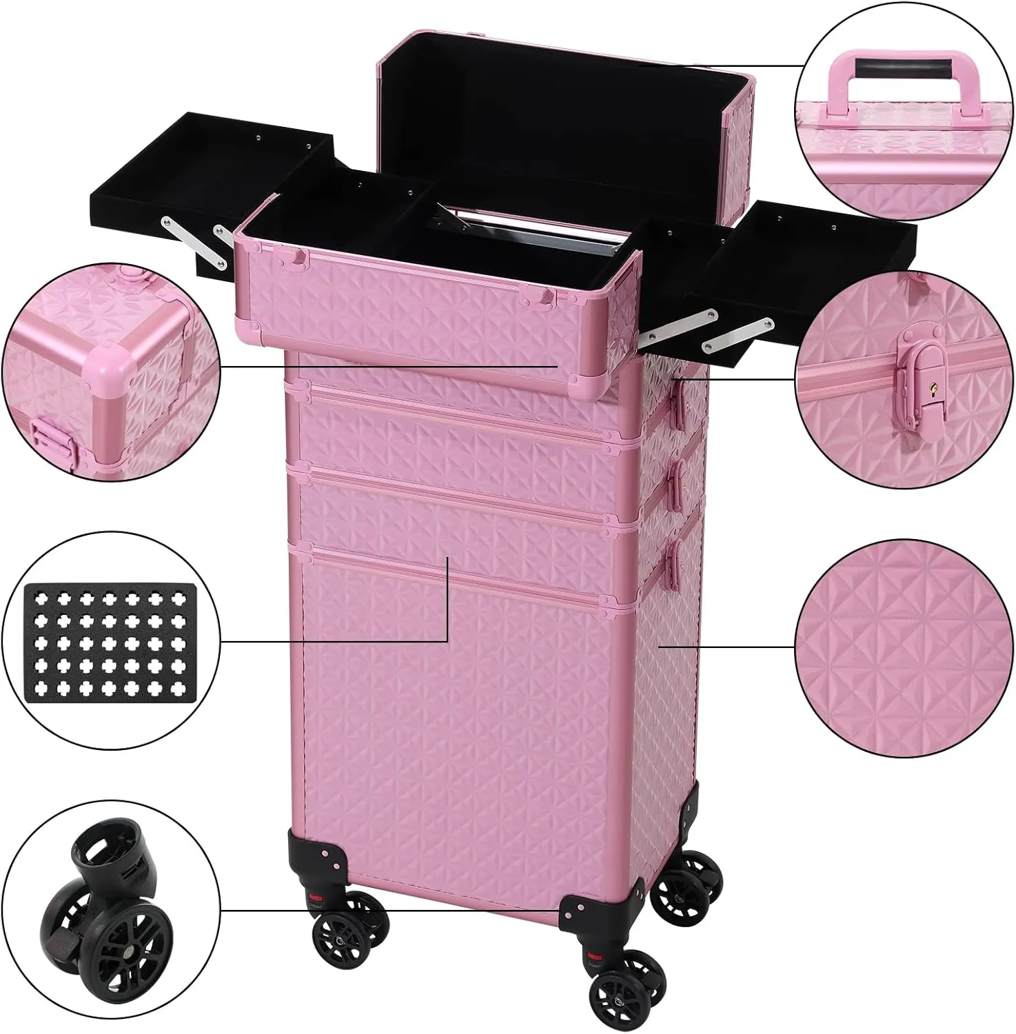 Rolling Train Case 4-in-1 Portable Makeup Train Case Professional Cosmetic Organizer Makeup Traveling case Trolley Cart Trunk (pink)