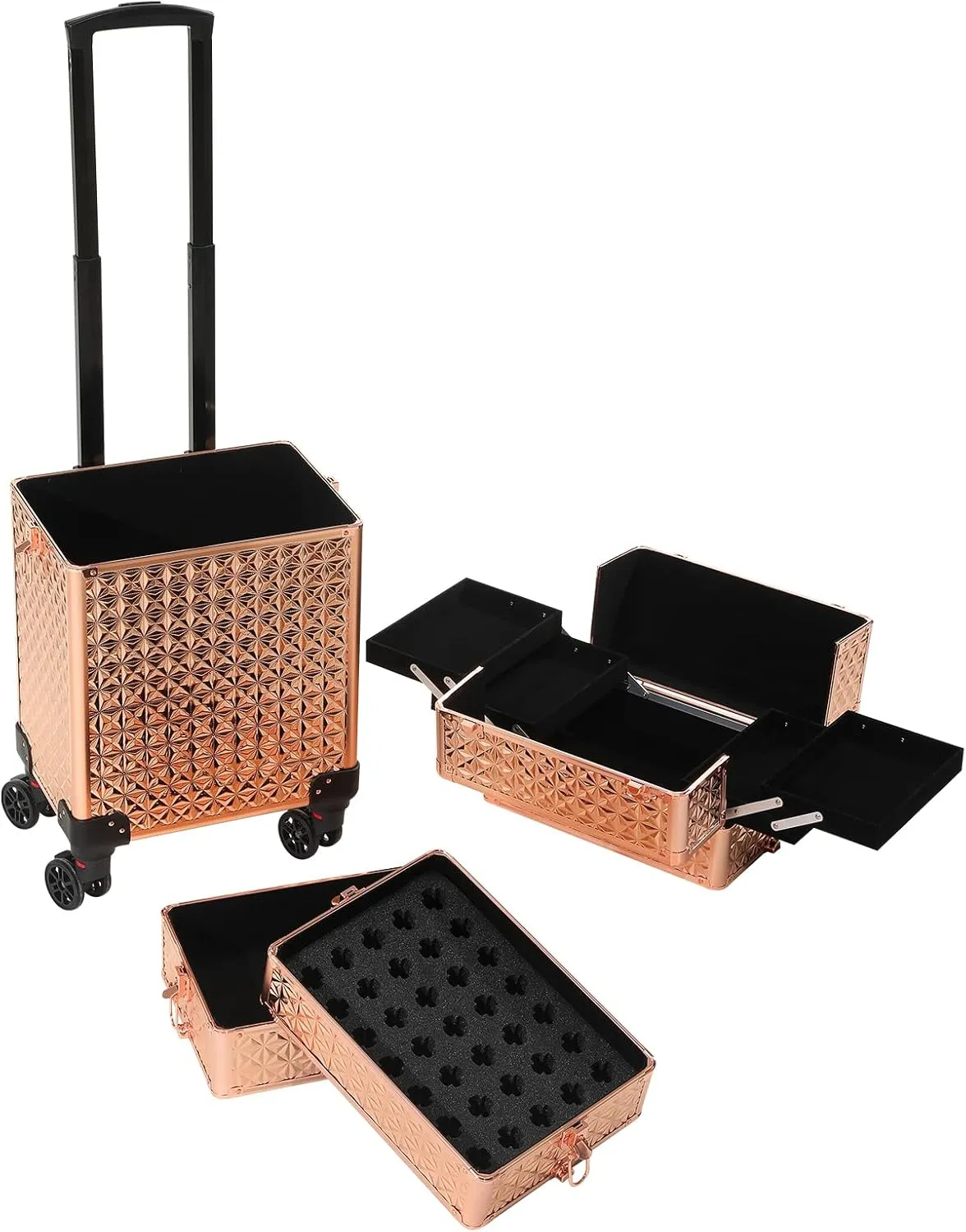 Rolling Train Case 4-in-1 Portable Makeup Train Case Professional Cosmetic Organizer Makeup Traveling case Trolley Cart Trunk (rose gold)