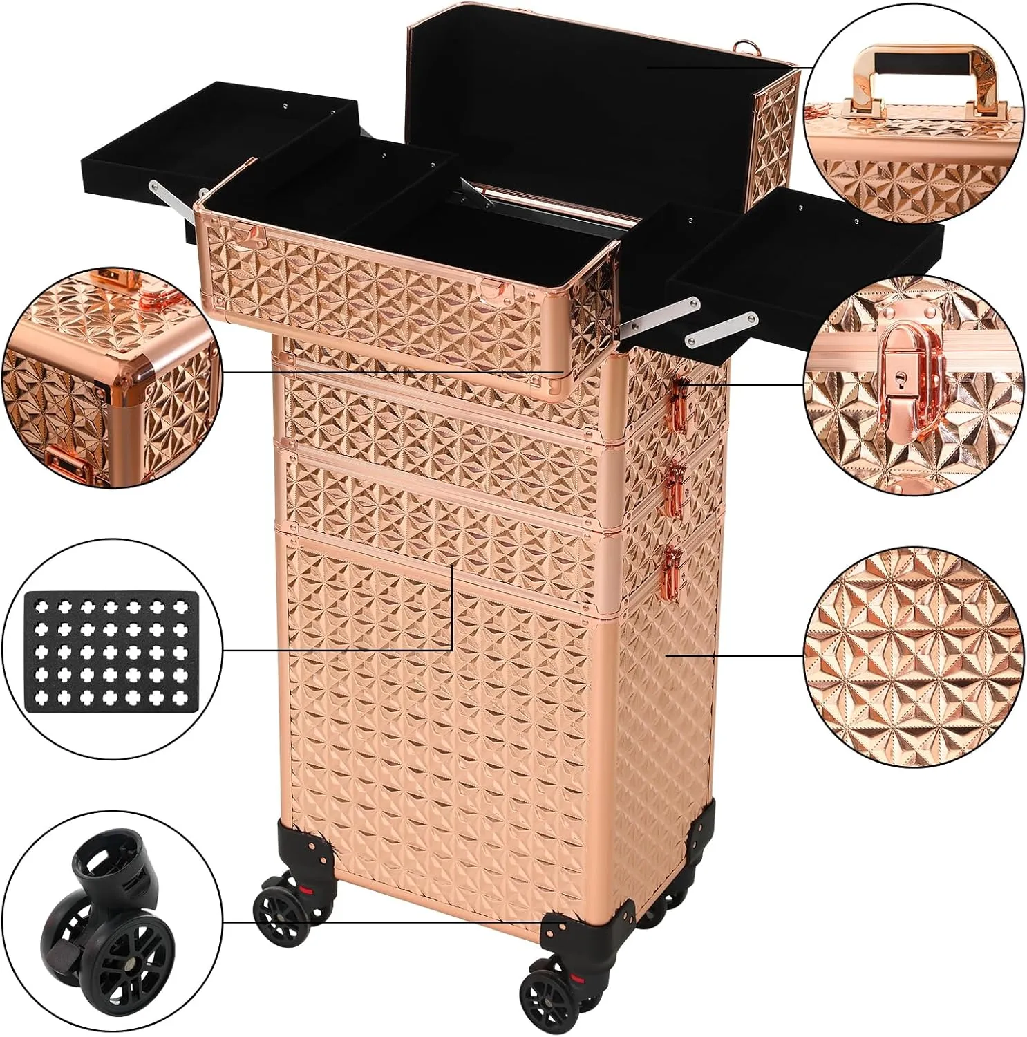 Rolling Train Case 4-in-1 Portable Makeup Train Case Professional Cosmetic Organizer Makeup Traveling case Trolley Cart Trunk (rose gold)