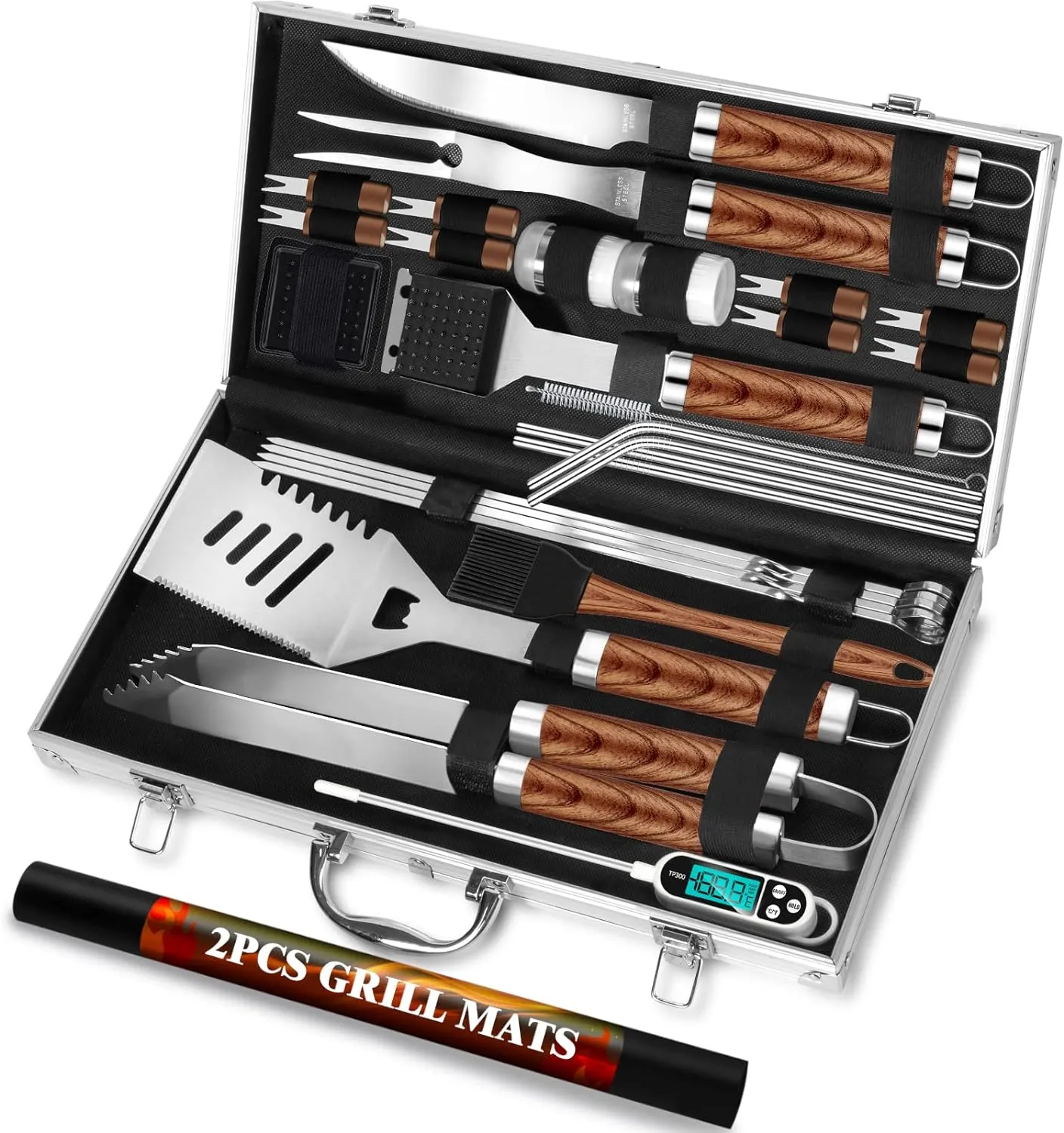 ROMANTICIST 30pcs BBQ Grill Tool Set for Men Dad, Heavy Duty Stainless Steel Grill Utensils Set, Non-Slip Grilling Accessories Kit with Thermometer, Mats in Aluminum Case for Fathers Day Brown