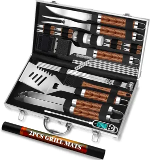 ROMANTICIST 30pcs BBQ Grill Tool Set for Men Dad, Heavy Duty Stainless Steel Grill Utensils Set, Non-Slip Grilling Accessories Kit with Thermometer, Mats in Aluminum Case for Fathers Day Brown