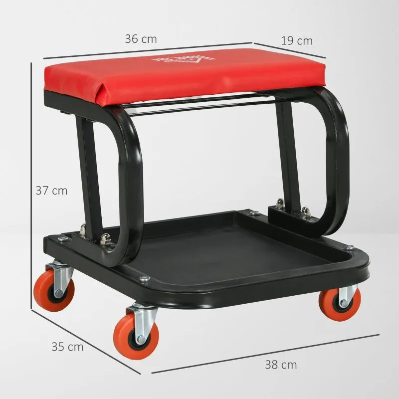 Rootz Workshop Chair - Mechanic Stool - Garage Stool - Tool Tray - Smooth Wheels - Padded Seat - Oil Resistant - 38cm x 35cm x 37cm