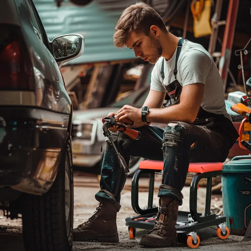 Rootz Workshop Chair - Mechanic Stool - Garage Stool - Tool Tray - Smooth Wheels - Padded Seat - Oil Resistant - 38cm x 35cm x 37cm