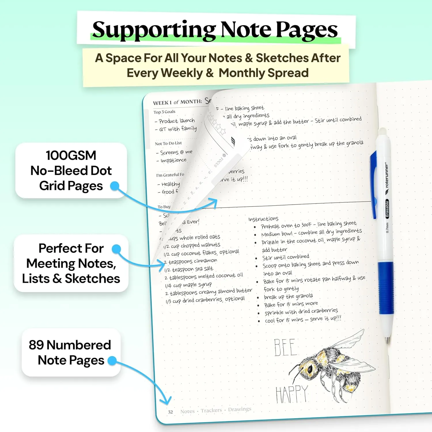 Roterunner Purpose Planner Notebook A5 5.8”x8.3” Undated 2025 Daily Weekly and Monthly Productivity Goal Setting Tool for Work Home ADHD Planner for Adults Self Care Journal (Teal Softcover)