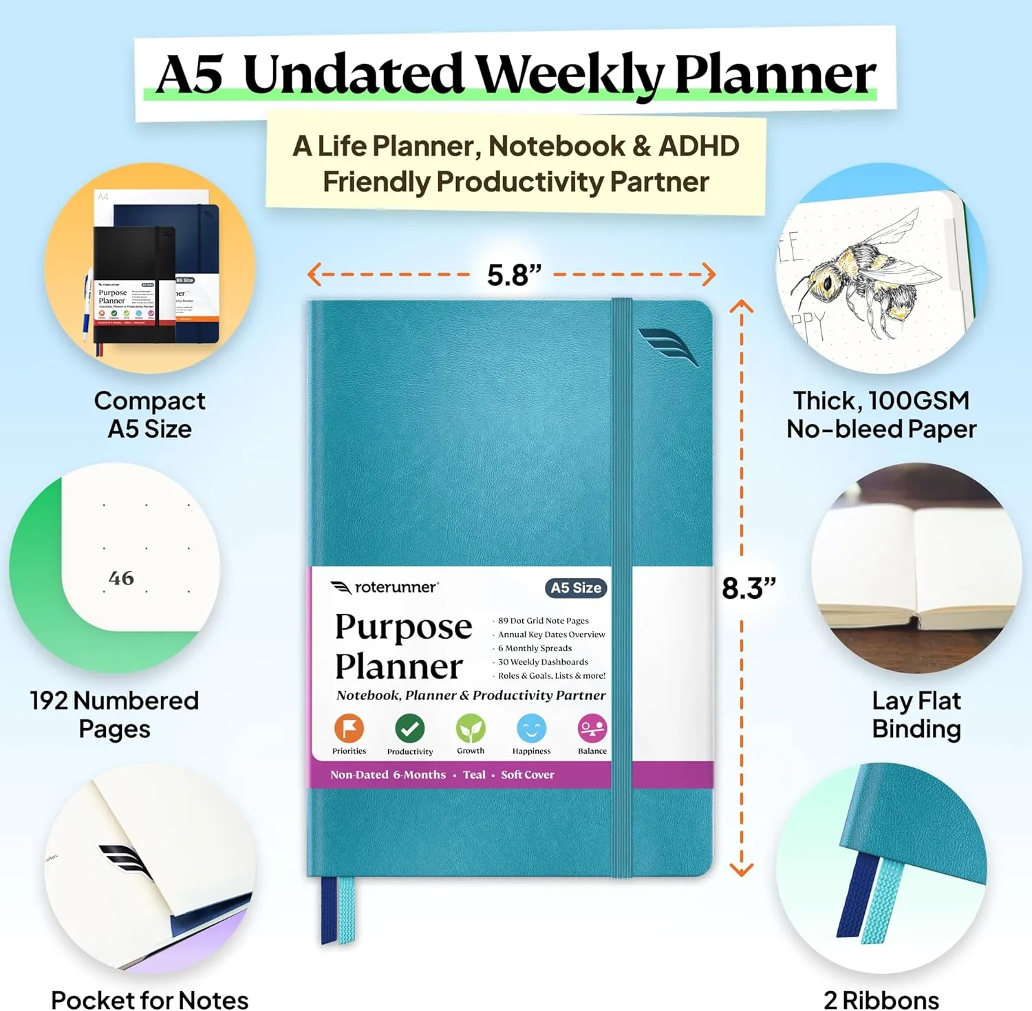 Roterunner Purpose Planner Notebook A5 5.8”x8.3” Undated 2025 Daily Weekly and Monthly Productivity Goal Setting Tool for Work Home ADHD Planner for Adults Self Care Journal (Teal Softcover)