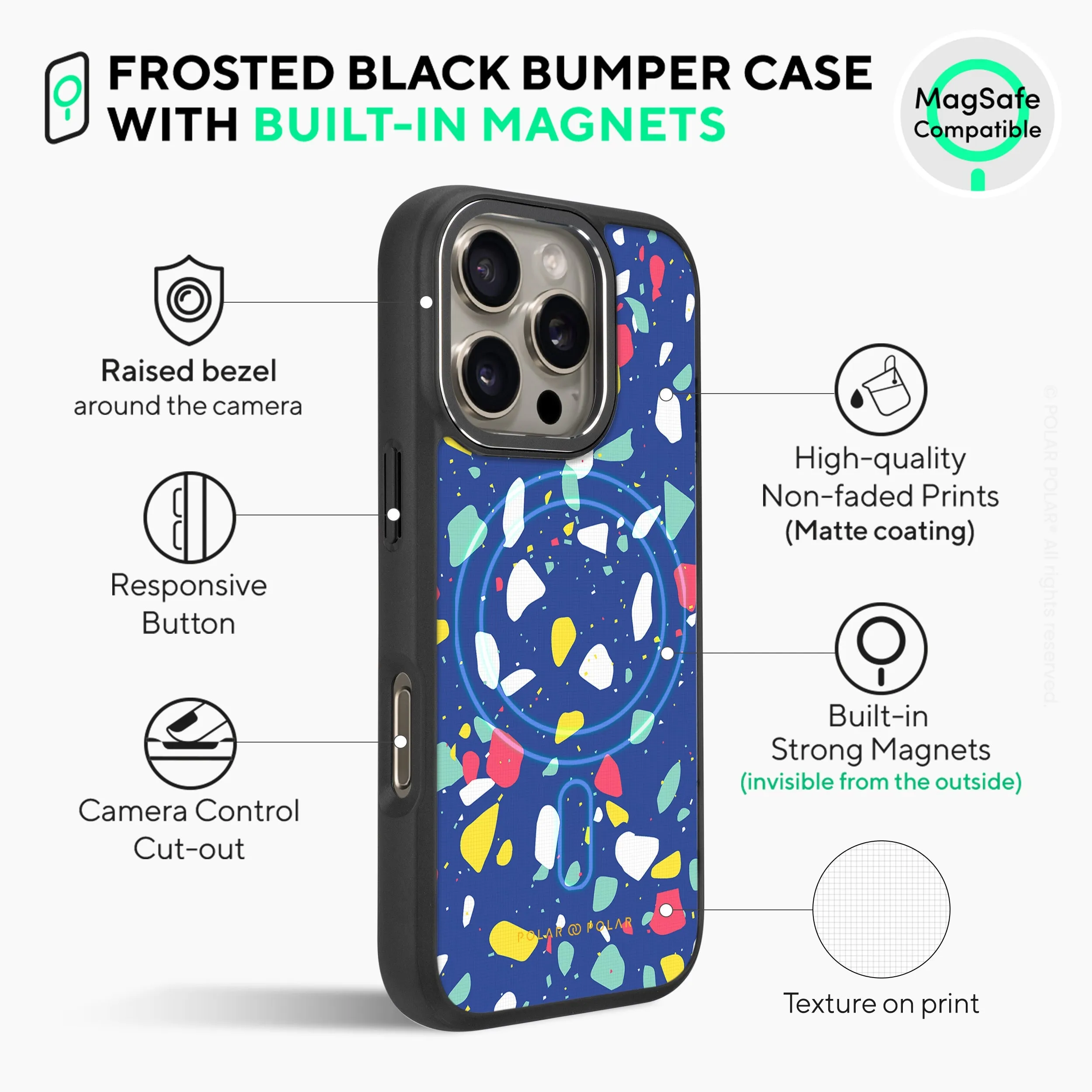 Royal Blue Terrazzo - iPhone 16 Pro Max Frosted Black Bumper MagSafe Case