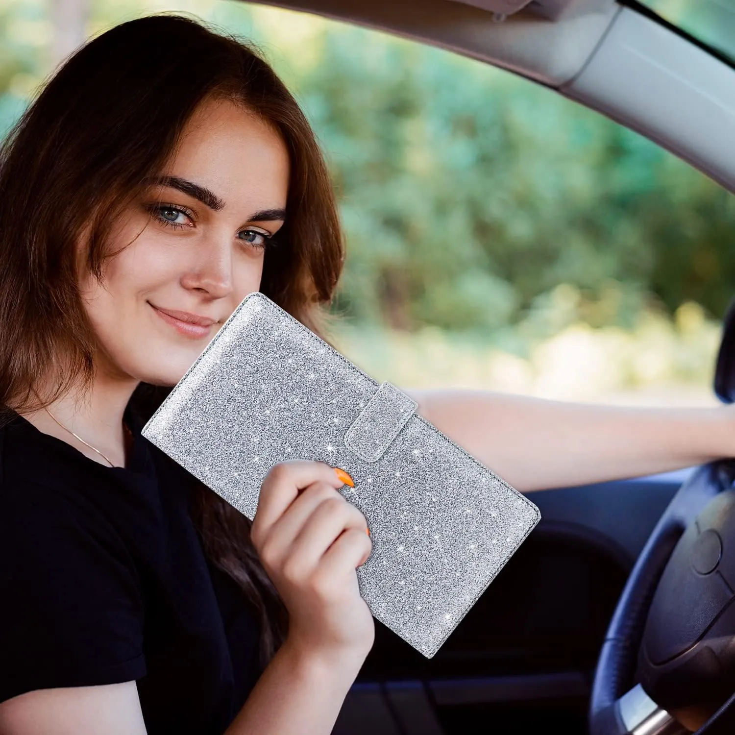 RSAquar Car Registration & Insurance Holder - Leather Glove Box Organizer, Cool Accessories for ID, Driver's License Cards & Essential Documents, Men & Women, Glitter Gray